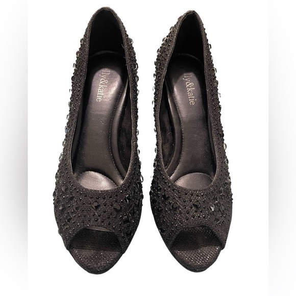 KELLY & KATIE PEEP TOE EMBELLISHED BLACK PUMPS SIZE 7.5 - Picture 3 of 8